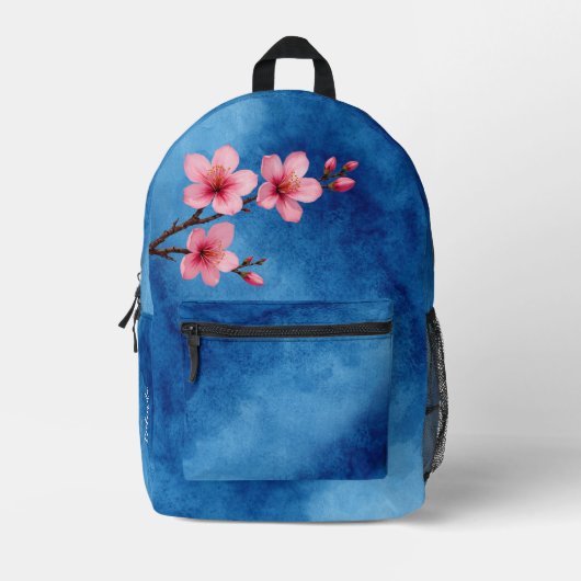 Cherry Blossom Pink Blue Monogram Bedrukte Rugzak (Voorkant)