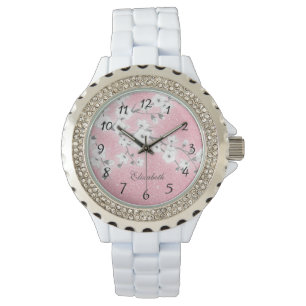 Cherry Blossom Pink Glitter   Meisjesmonogram Horloge