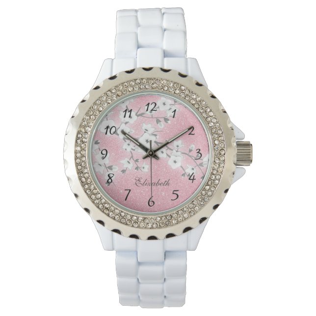 Cherry Blossom Pink Glitter | Meisjesmonogram Horloge (Voorkant)
