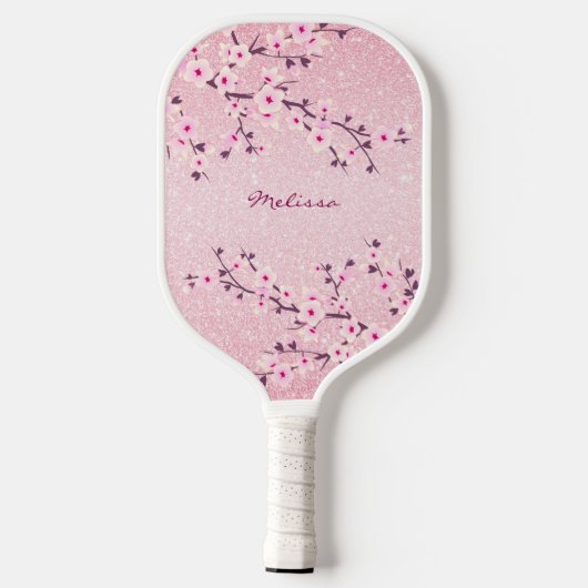 Cherry Blossom Pink Glitter Monogram Floral Pickleball Paddle (Achterkant)