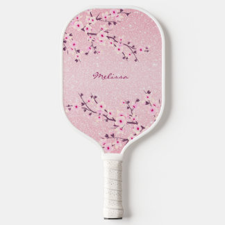 Cherry Blossom Pink Glitter Monogram Floral Pickleball Paddle