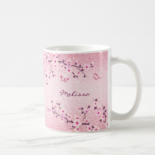 Cherry Blossom Pink Glitter Monogram Koffiemok (Rechts)