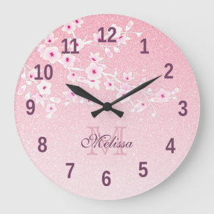  Cherry Blossom Pink Glitter Monogram Larg Grote Klok
