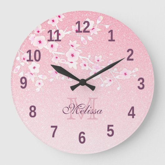  Cherry Blossom Pink Glitter Monogram Larg Grote Klok (Voorkant)