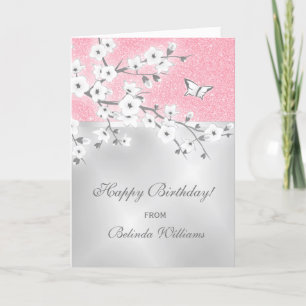 Cherry Blossom Pink Glitter Silver Custom Birthday Kaart