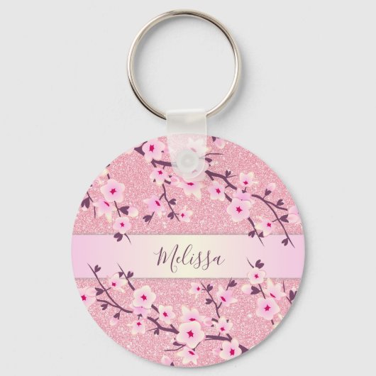 Cherry Blossom Pink Glitter Voeg Naam toe Sleutelhanger (Voorkant)