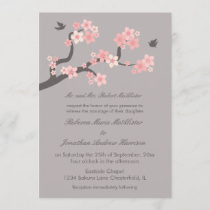 Cherry Blossom Pink/Gray Wedding Invitation Kaart