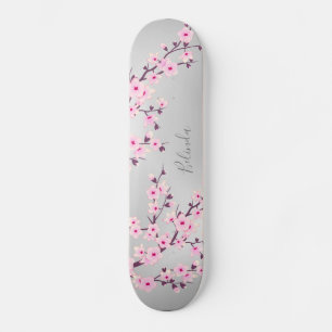 Cherry Blossom Pink Grey Asia Floral Monogram Skateboard