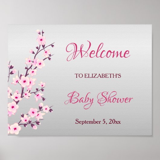 Cherry Blossom Pink Grey Custom Baby shower Poster (Voorkant)