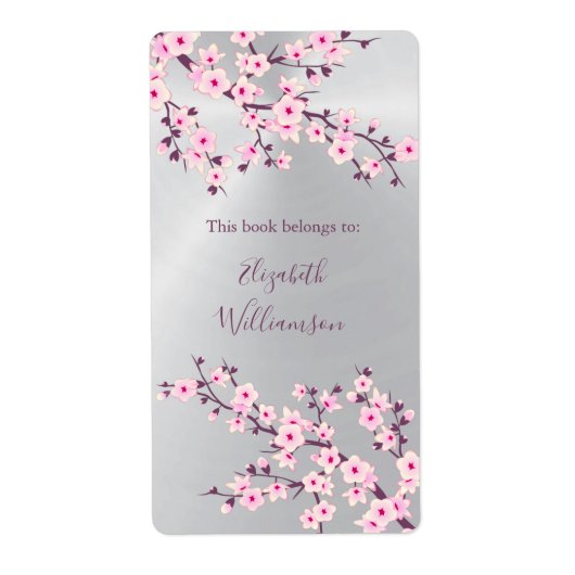 Cherry Blossom Pink Silver Floral Bookplate Etiket (Voorkant)