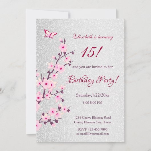 Cherry Blossom Pink Silver Glitter Birthday Kaart (Voorkant)