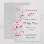 Cherry Blossom Pink Silver Glitter Birthday Kaart (Voorkant / Achterkant)