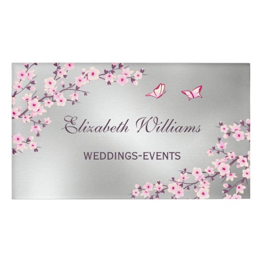 Cherry Blossom Pink Silver Wedding Planner Naambadge (Voorkant)