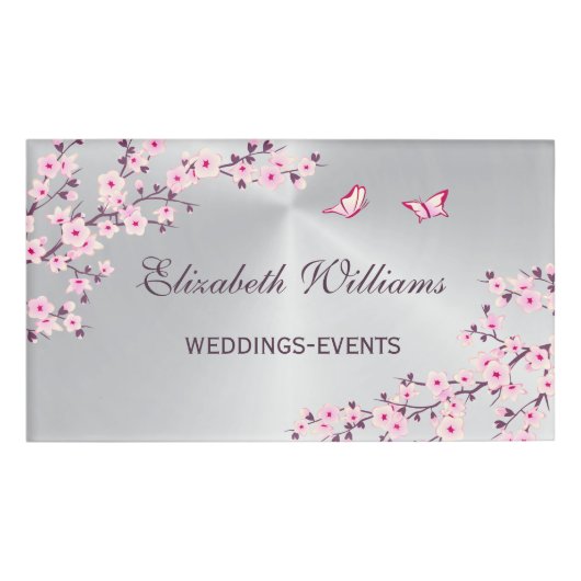 Cherry Blossom Pink Silver Wedding Planner Naambadge (Voorkant)