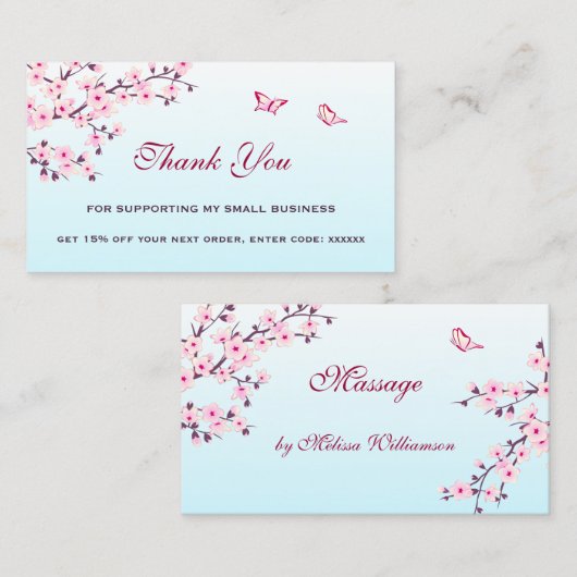 Cherry Blossom Pink Turquoise Dank je korting B Visitekaartje (Voorkant / Achterkant)