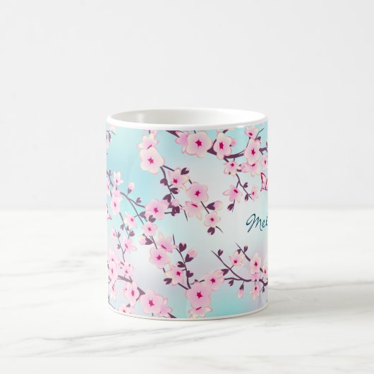 Cherry Blossom Pink Turquoise Monogram Mok (Center)