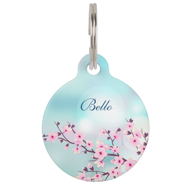 Cherry Blossom Pink Turquoise Personaliseren Huisdierpenning (Voorkant)