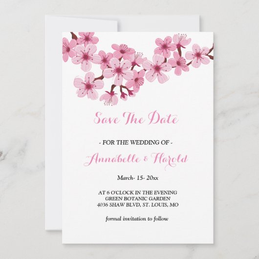 Cherry Blossom Pink White floral save the date (Voorkant)