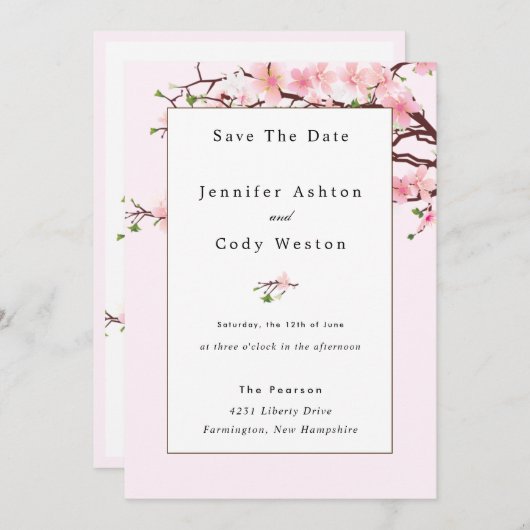 Cherry Blossom Pink White Wedding Invitation Save The Date (Voorkant / Achterkant)