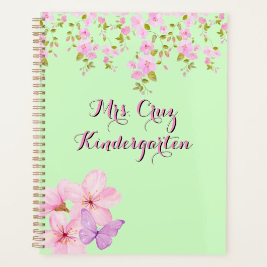 Cherry Blossom Pretty Pink & Green Custom  Planner (Voorkant)