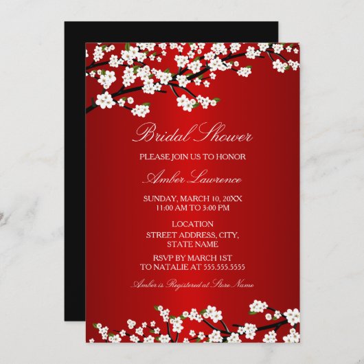 Cherry Blossom Red Bridal Showeuse Invitation (Devant / Derrière)