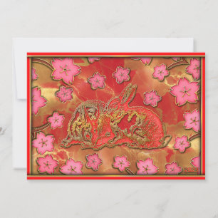 Cherry Blossom Red Gold Rabbit Chinees nieuwjaar Feestdagenkaart