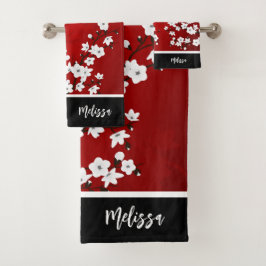 Cherry Blossom Red White Monogram Bad Handdoek
