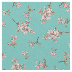 Cherry Blossom Retro Floral Blauwgroen Stof