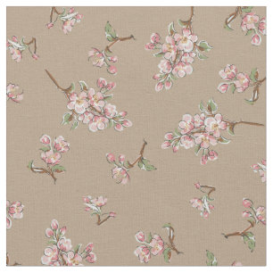 Cherry Blossom Retro Floral Tan Brown Stof