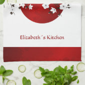 Cherry Blossom Rising Sun Red Black White Monogram Theedoek (Gevouwen)