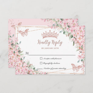 Cherry Blossom Roos Gold Butterflies Quinceañera RSVP Kaartje