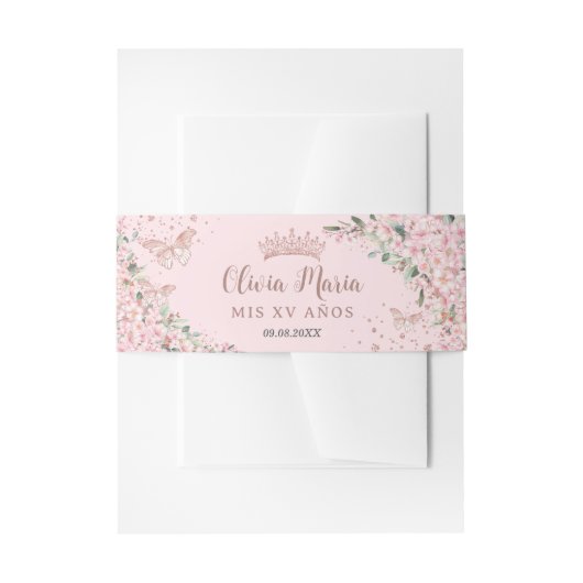 Cherry Blossom Roos Gold Butterflies Quinceanera Uitnodigingen Wikkel (Voorkant Voorbeeld)