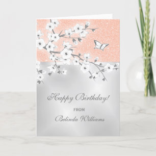 Cherry Blossom Roos Gold Glitter Silver Birthday Kaart