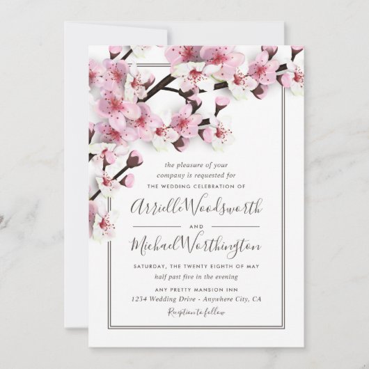 Cherry Blossom rose blanc mariage Invitations (Devant)