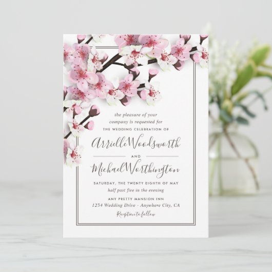 Cherry Blossom rose blanc mariage Invitations (Debout devant)