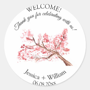 Cherry Blossom Roze Bloemen Waterverf Bruiloft Ronde Sticker