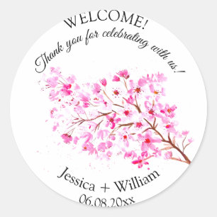 Cherry Blossom Roze Bloemen Waterverf Bruiloft Ronde Sticker
