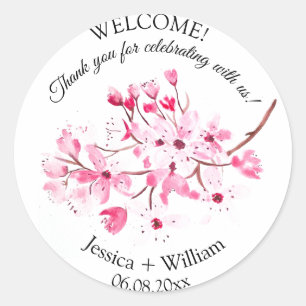 Cherry Blossom Roze Bloemen Waterverf Bruiloft Ronde Sticker