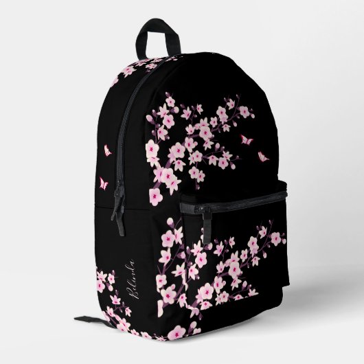 Cherry Blossom Roze Zwart Monogram Bedrukte Rugzak (Achterkant Hoek Links)