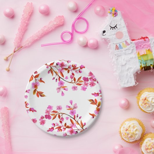 Cherry Blossom Sakura Bloemen Roze Wit Papieren Bordje (Feest)