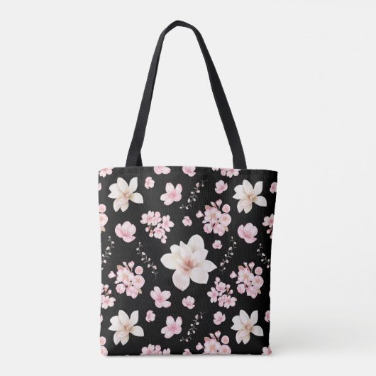 Cherry Blossom Sakura Magnolia Spring Roze Zwart Draagtas (Achterkant)