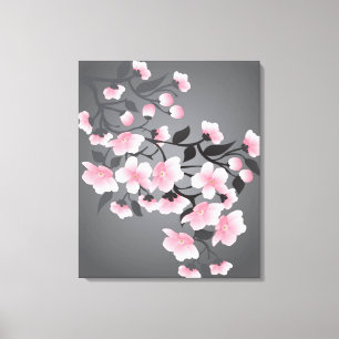 Cherry blossom, sakura op zwarte achtergrond canvas afdruk