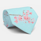 Cherry blossom Sakura Pink Floral Wedding Blue Stropdas (Opgerold)