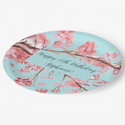 Cherry blossom Sakura Pink Turquoise Birthday Papieren Bordje (Gekanteld)