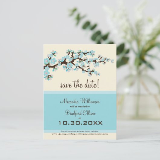 Cherry Blossom Save the Date Briefkaart (blauw) (Staand voorkant)