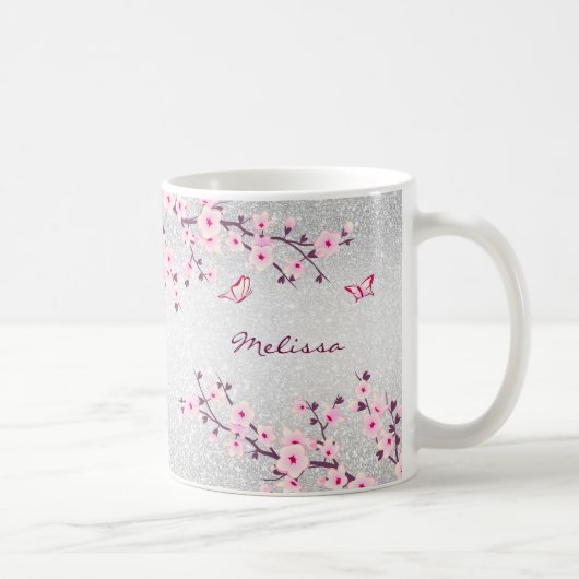 Cherry Blossom Silver Glitter Monogram Floral Koffiemok (Rechts)
