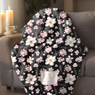 Cherry Blossom Spring Monogram Zwart Roze Fleece Deken