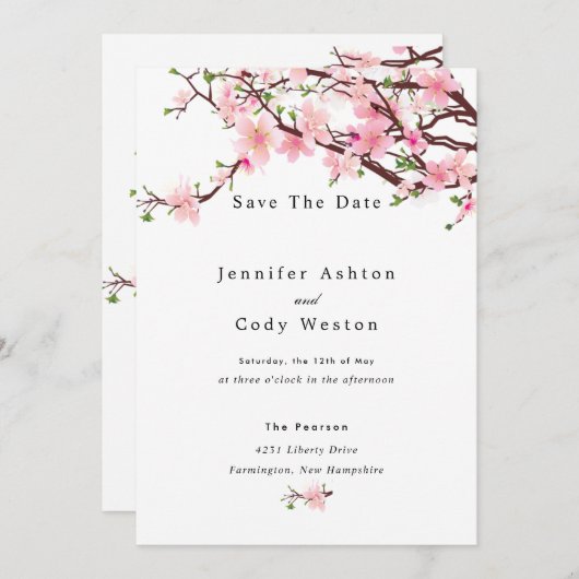 Cherry Blossom Spring Wedding Save the Date White (Voorkant / Achterkant)