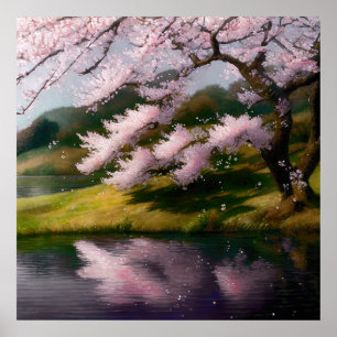 Cherry Blossom Tree at a Lake Poster