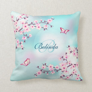 Cherry Blossom Turquoise Monogram Floral Kussen